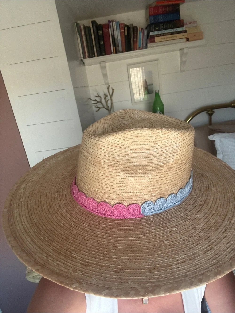 Natural Straw Sun Hat with Red and Pink Scalloped Band 